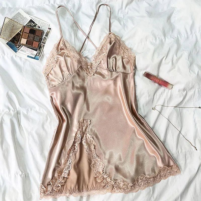 Ice Silk Thin Style Halter Nightdress Women's LaceHomewear Sexy Pajamas Solid Lenceria Mujer Silk Satin Suspender Dresses