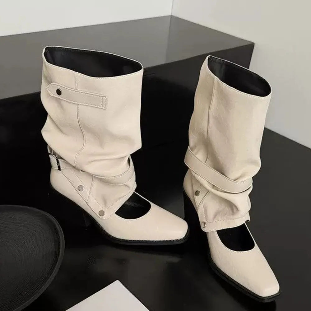 Vintage Y2k Slouchy Knee High Western Boots Women Chunky Block Heel Summer Cowboy Knee High Boots Motorcycle Boots Shoes
