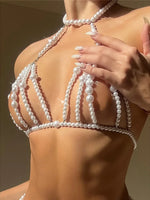 Luxury Pearls Chain Fringe Tassel Bikini Bottom Swim Brief Women Swimwear Female Bather Brazilian Tanga Panties Underwear
