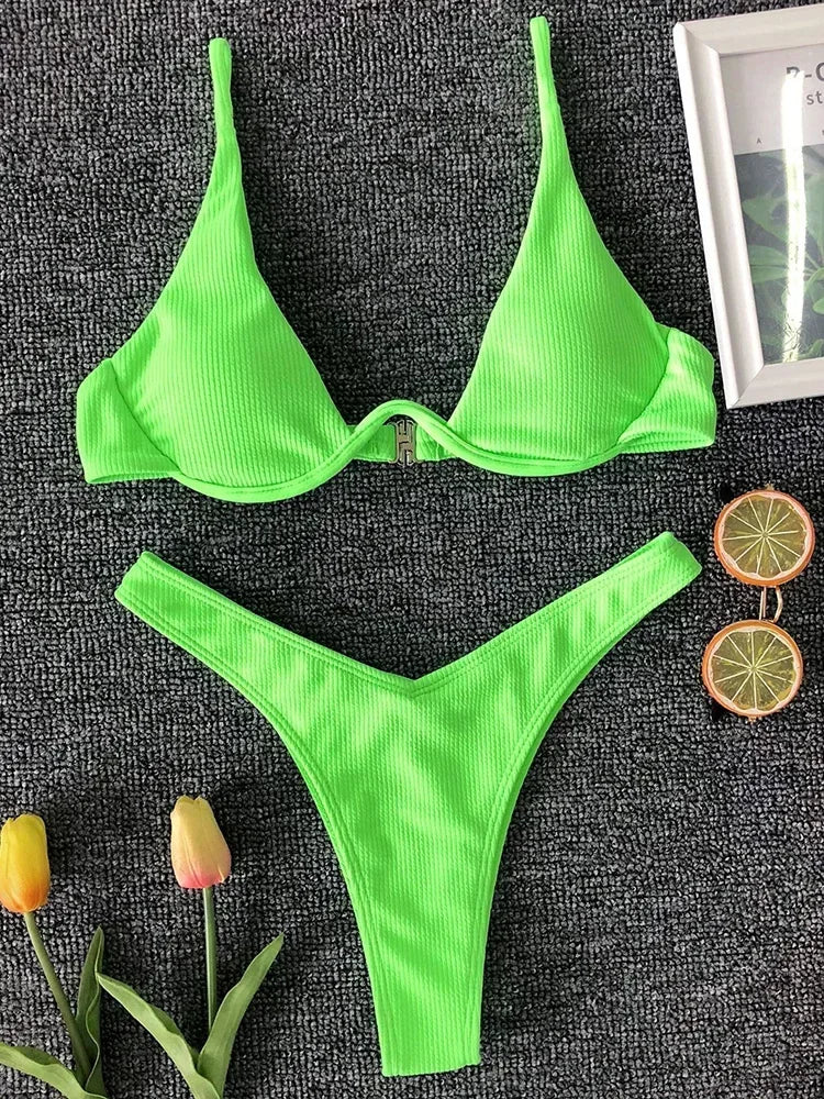 High Cut V-bar Underwired Bikini Women Swimsuit Female Micro Thong Swimwear Two-pieces Bikini Set Push Up Bathing Suit Swim Lady