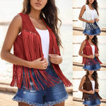 Women Tassel Fringe Vest Sleeveless Solid Waistcoat V Neck Open Front Cardigan Vintage Hippie Clothes Cowboy Cosplay Jacket