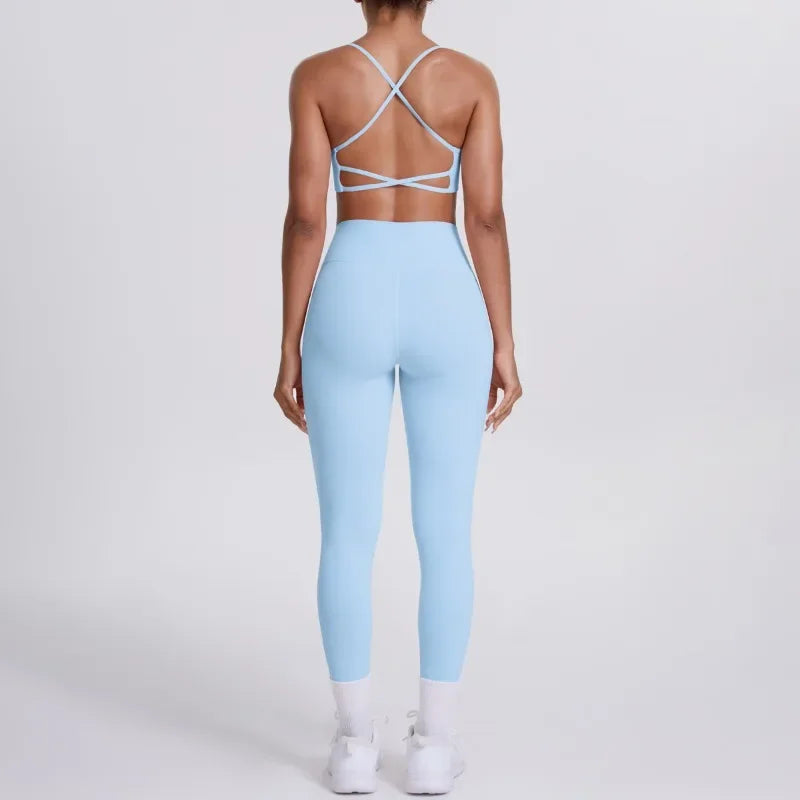 Women's Seamless Yoga Set Cross Back Sports Bra & High Waist Booty Lifting Yoga Leggings Gym Running Fitness Workout Outfit
