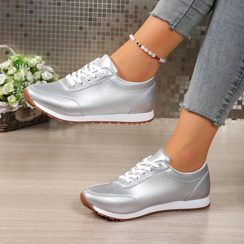 Fashion Gold Silver Platform Sneakers Women Spring Autumn Lace Up Plus Size Casual Sneakers Woman Comfort Non Slip Sport Shoes