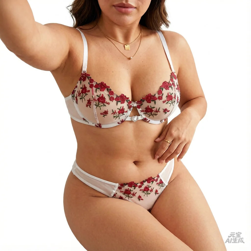 White romantic rose embroidery lace lingerie set - Large size sexy transparent netting gathering bra set ZA825026