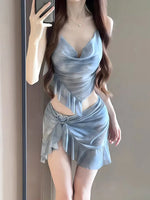 New Korean Style Bikini Set Women Pink Gradient Ruffles Push Up Mesh Skirt 3 Piece Swimsuit Summer Bathing Suit Holiday Swimwear