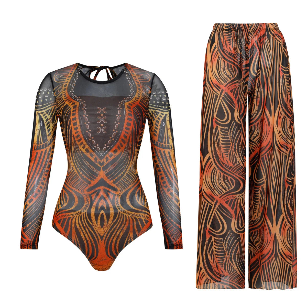 Colorful Printed Women One Piece Swimsuit Fashion Lady Long Sleeve Swimwear Retro Mujer Bodysuit with Pants Set Female Beachwear