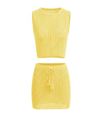 Women Hollow Out Knit Cover-ups Outfit See Through Tank Tops and Drawstring Mini Skirt 2 Piece Sets Daily Casual Beach Summer