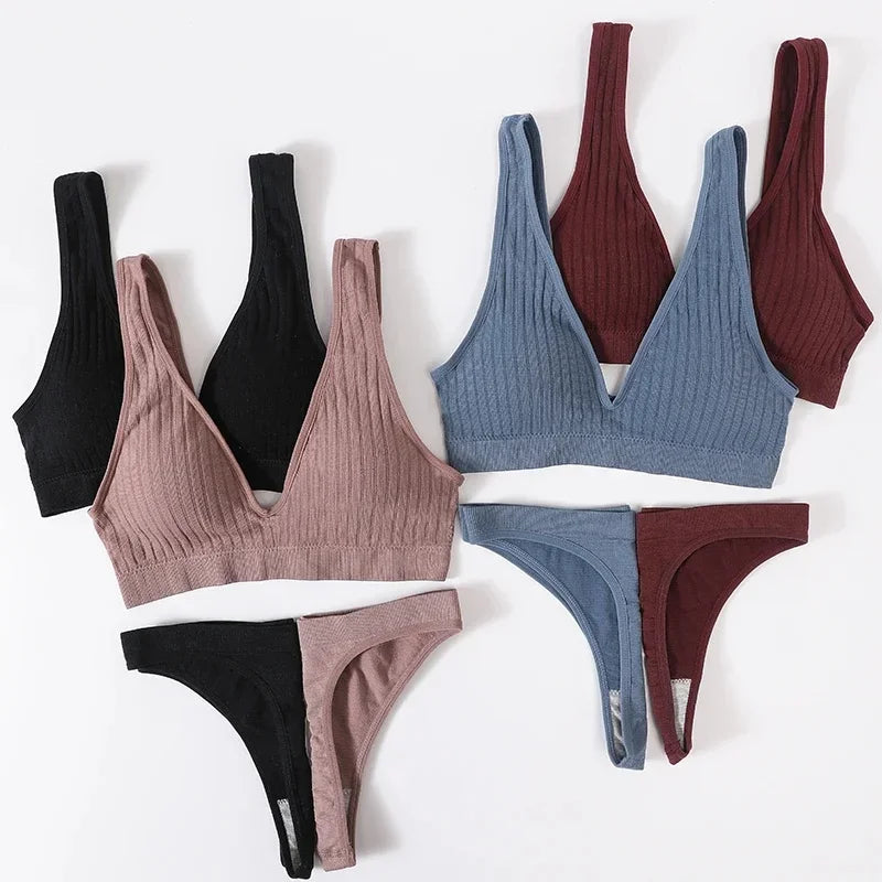 Women Seamless Bra And Panties Set Push Up Bras High Leg Cut Thongs Sport Wireless Brassiere Sexy Lingerie Ribbed Underwear