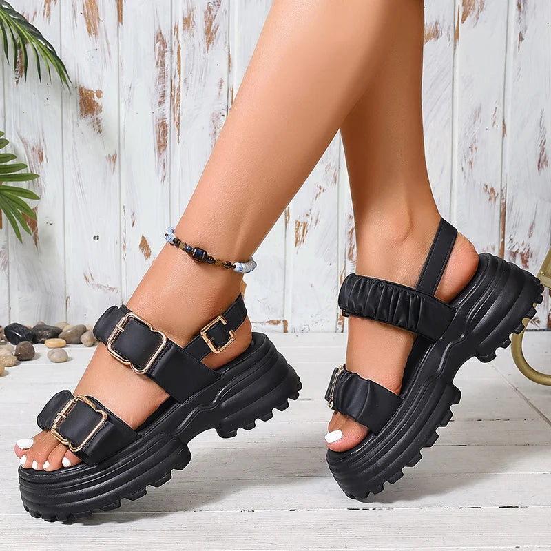 Fashion Buckle Platform Sandals Women 2026 Summer Pleated Pu Leather Rome Sandals Woman Plus Size 42 Thick Bottom Sandalias