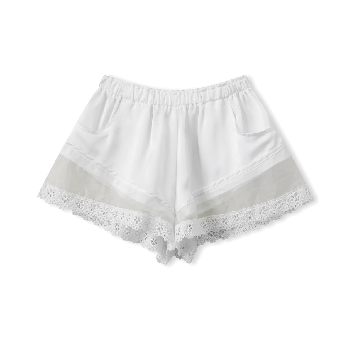 Women Elastic Waistband Lace Trim Streetwear Shorts Summer Solid Color Casual Loose Shorts with 2 Pockets