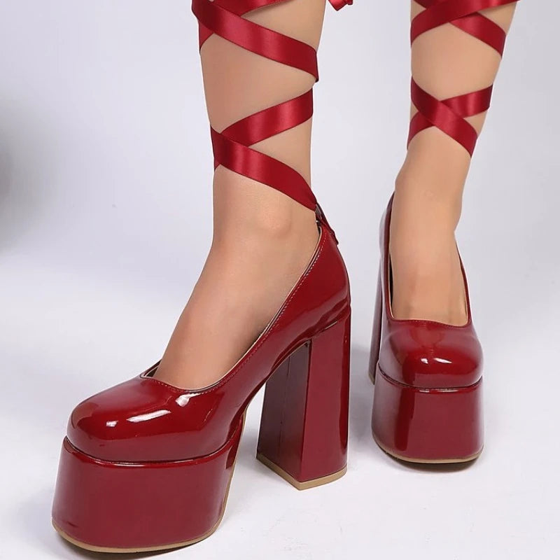 Sexy Hot Pink Platform Super High Heel Pumps Women Summer 2026 Ribbon Ankle Strap Mary Jane Shoes Woman's Nightclub Spicy Shoes