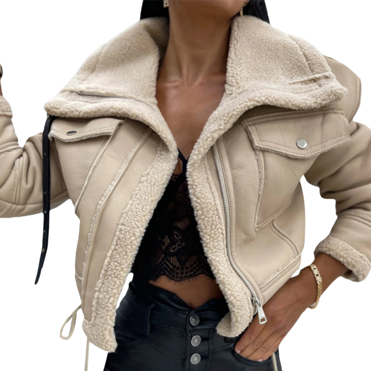 Women Winter Jacket Solid Color Street Coat Long Sleeve Zipper Closure Patchwork Warm Outwear with Pockets