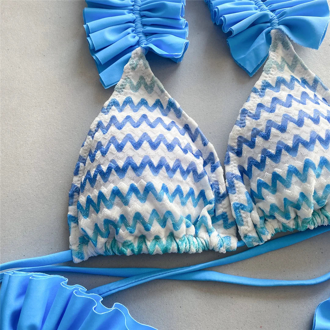 Blue Three-pieces Bikini set With Skirt Waved Ruffled Frilled Bikini Female Swimsuit Women Swimwear Bather Bathing Suit V5235C