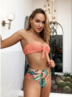 2026 Sexy Bikini Bandeau Women Push Up Swimwear Swimsuit Pleated Leaf Print High Waist Backless Bikinis Set Beach Bathing Suit