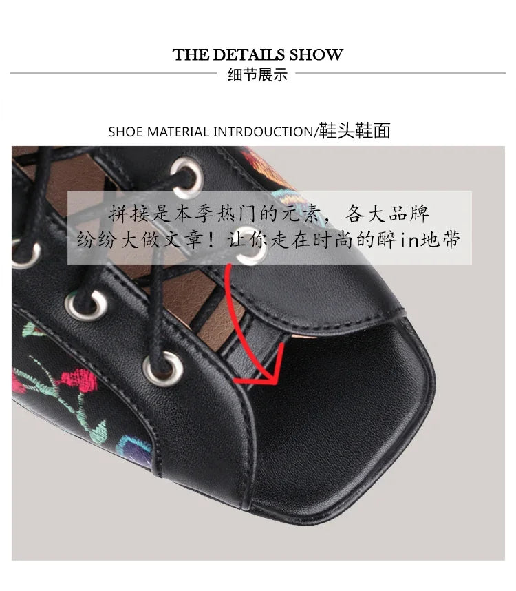 White Floral Embroidered Peep Toe Lace-Up Chunky Block Heel Platform Hollow Out Ankle Sandal Boots for Women