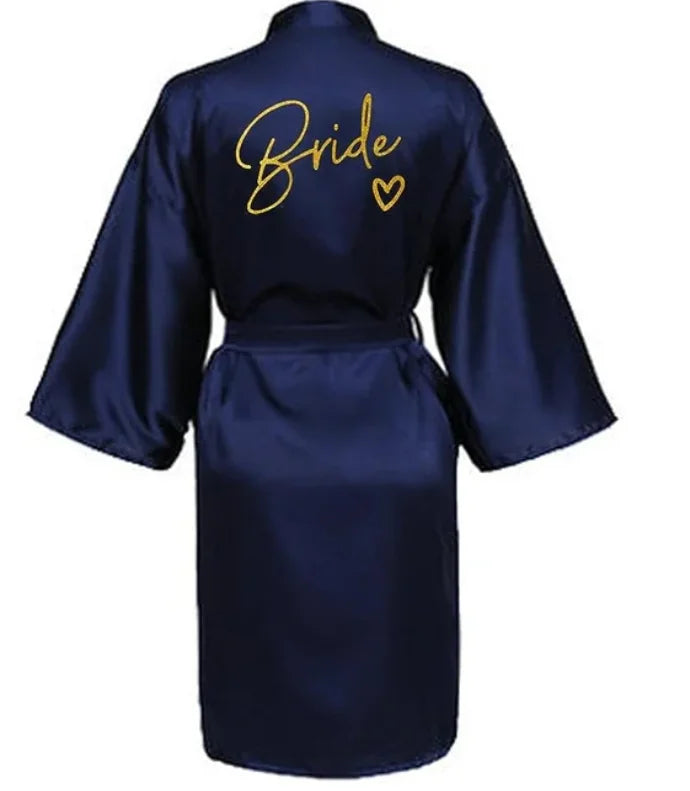 Wedding Party Team Bride Robe Kimono Satin Pajamas Bridesmaid Bathrobe Gold Letter SP089