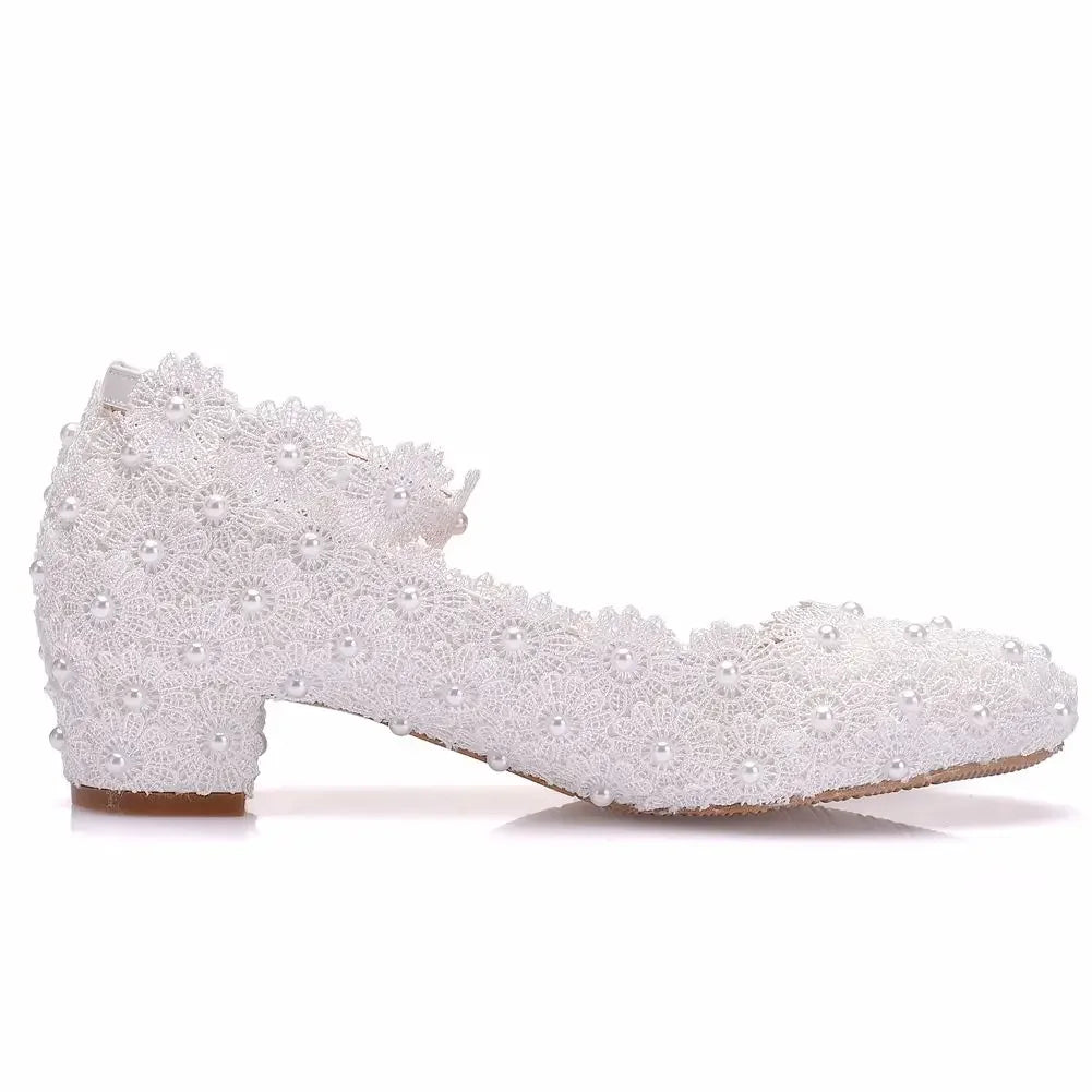 Women 3CM High Heels White Lace Pearl Wedding Shoes Sexy Bride PartyPointed Toe Shallow Mouth Pumps Shoe BridesmaidPink