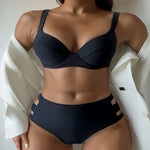 Solid Color Black Two Piece Swimsuit for Women Sexy Underwire V-neck Suspender Backless Bikini Set High Waist Beach Swimwear