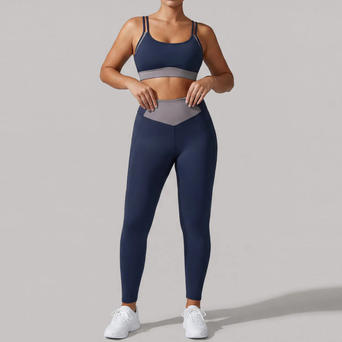 Summer Color-block Yoga Sets Women Thin Strap Open Back Shockproof Sports Bra Tight High Waist Leggings Training Fitness Suits