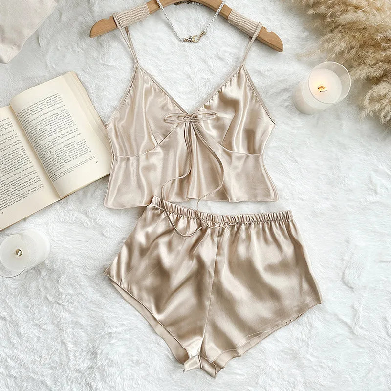 Stain Ice Silk Pajamas Set for Women Spaghetti Straps V Neck Crop Tops and Shorts 2-Pieces Sleepwear Loungewear for Home
