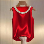 Women Vest Silky Satin Sleeveless Tops With Faux Pearls Collar Loose Fit Summer Tops Formal Semi-Formal Wear Women Blouse