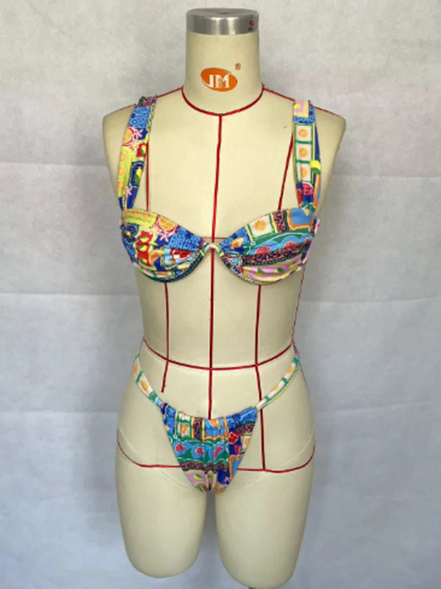 Printed Mini Thong V-bar Underwired Bikini Female Swimsuit Women Swimwear Two-pieces Bikini Set High Cut Bathing Suit Swim Lady