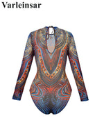XS - XXL Printed Long Sleeve With Sarong Women Swimwear One Piece Swimsuit Female High Leg Cut Bather Bathing Suit Swim V7136