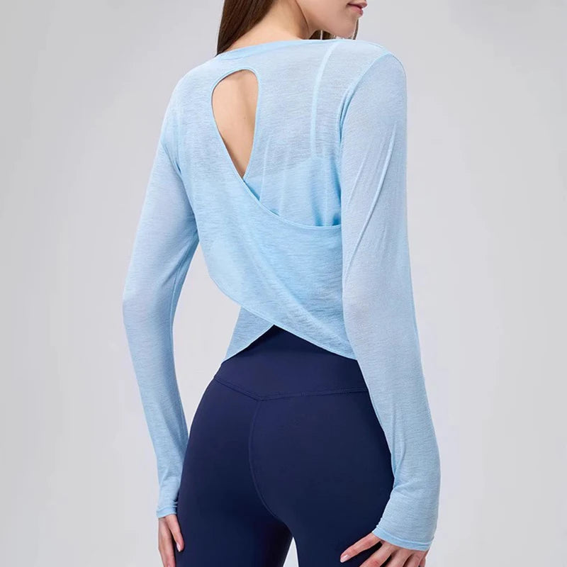 Autumn Thin Loose Long Sleeve Gym Breathable Yoga Blouse Hollow Beauty Back Running Cross Yoga Clothing Fitness Pilates Top Suit