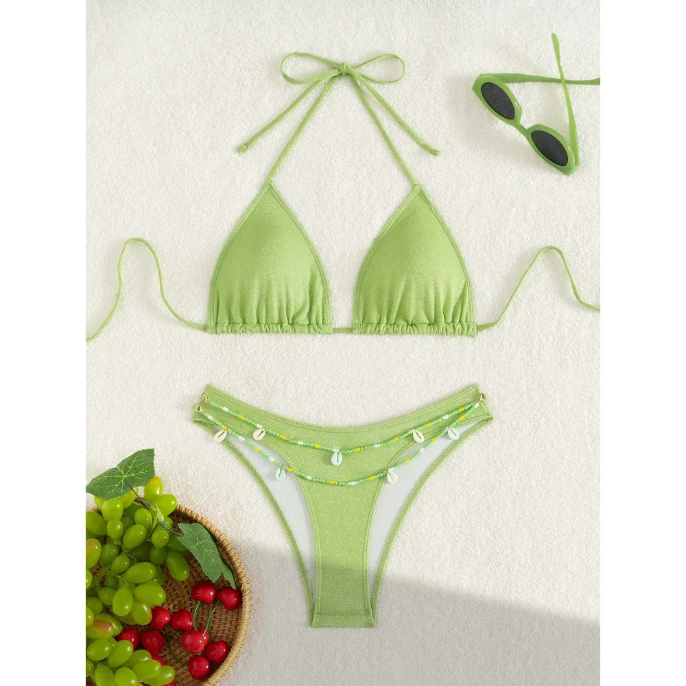 New Sexy Shell Thong Bikinis 2025 Swimsuits Women's Swimwear Female Beach Swim Wear Bathing Suits Brazilian Bikini Set Green