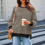 Long Sleeve Crewneck T-Shirt Split Hem Women Striped Oversized Sweatshirt Waffle Knitted Tunic Top Casual Women Sweater