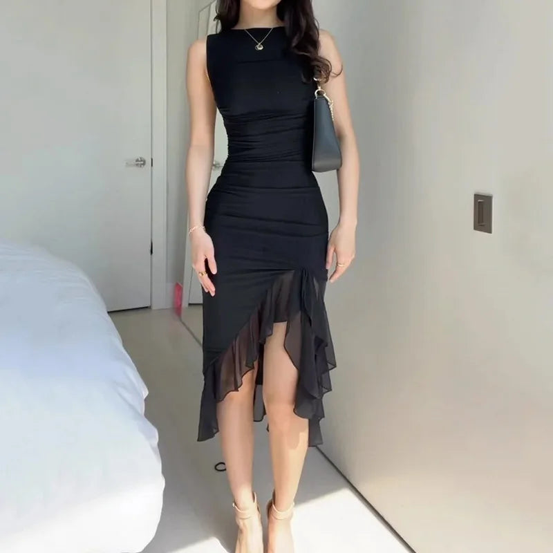 Dresses For Women 2023 Summer Elegant Solid Sleeveless Vestidos Slim Backless Ruffles Irregular Streetwear Party Evening Dress