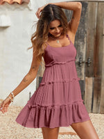 Solid Color Dots Spaghetti Strap Mini Dresses Women Bowknot Leace-up Backless Short Dress Summer Beach Vacation Vestidos Female