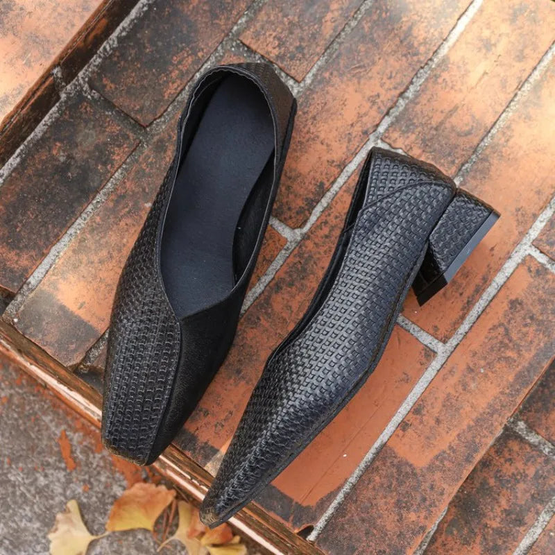 New Women's Shoes Fashion Square Toe Shallow Mouth Splice Slip-on Square Heel Single Shoes