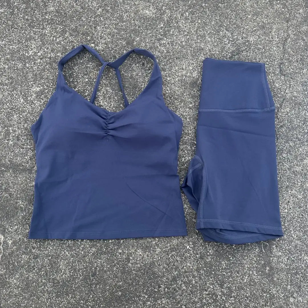 Women Gym Yoga Short Cycling Set Cross Back Gym Bra Tank Top +High Waist Cycling Short Leggings High Impact Shockproof Sportwear