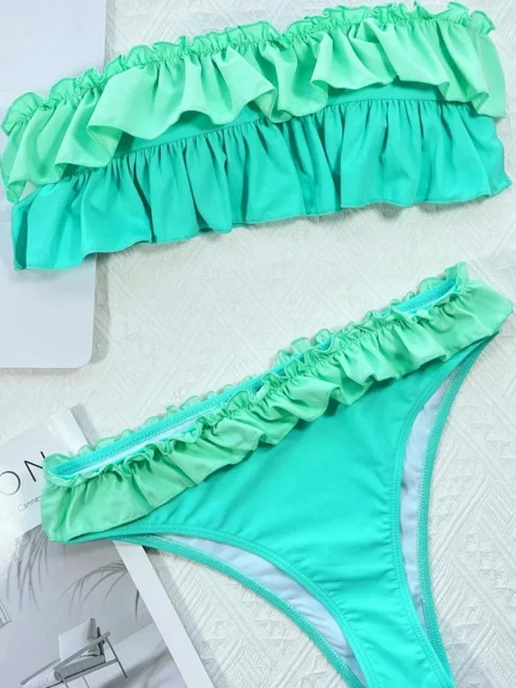 Ruffle Block Color Bikini Set Women 2026 Sexy Strapless Off-Shoulder Swimsuit Sexy High Waist Backless Bathing Suit Beachwear