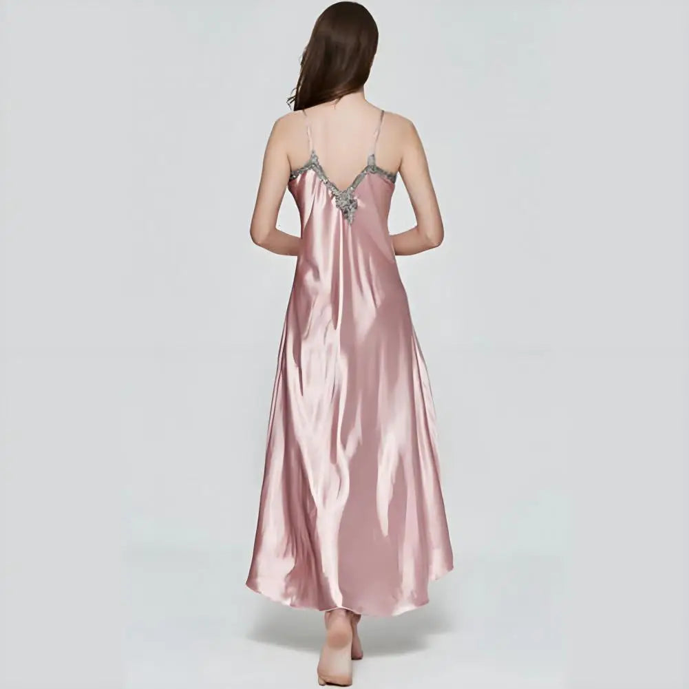 Women's Satin Lace Nightgown Spaghetti Strap Sleeveless Slip Dress Soft V Neck Maxi Sleepwear Silky Chemise Nightdress