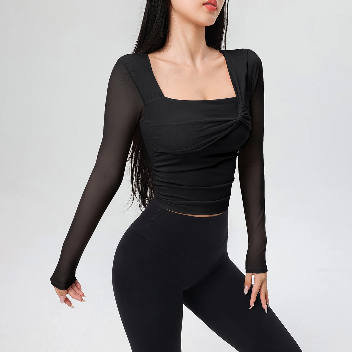 Women Square Neck Mesh Long Sleeve Crop Yoga Top Twisted Front Ruched Slim Breathable Workout Sports Shirt