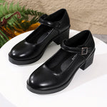 Plus Size 42 Black Thick Heels Pumps Women Classic Pu Leather Platform Mary Jane Shoes Woman Ankle Buckle Office High Heel Shoes