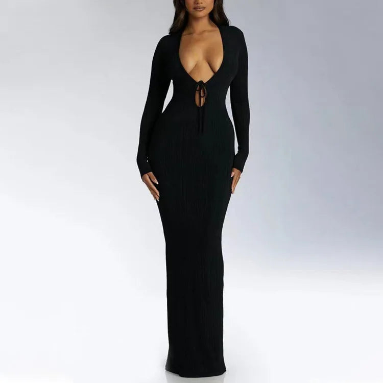 Trendy Solid Color Slim Long Dresses Women Sexy Deep V-neck Hollow Out Leace-up Package Hip Bodycon Party Dress Female Vestidos