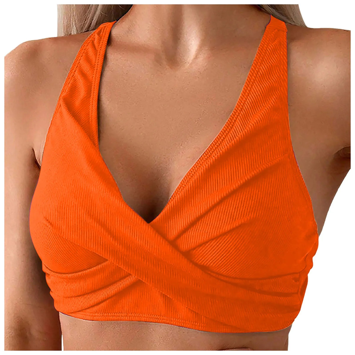 Womens Ribbed Knit Cross Front Bikini Top Racerback Padded Swim Tops Crop Style Bathing Suit Bikini Bra For Summer Beach Pool