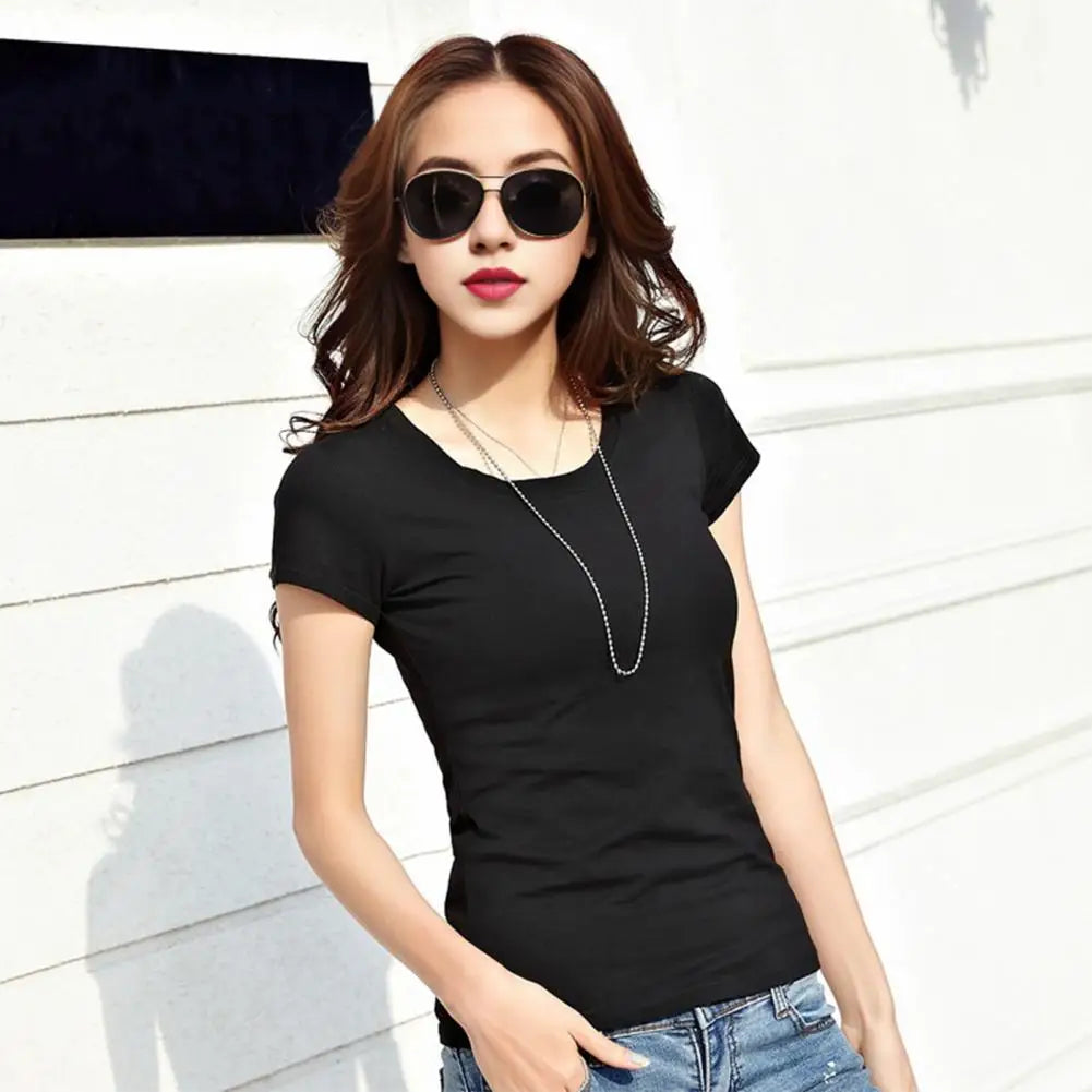 Women Summer T-shirt V-neck Short Sleeve Slim Fit T-shirt Solid Color Pullover Tops Women Bottoming Shirt Streetwear
