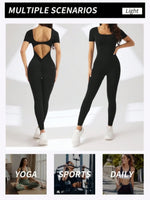 One piece seamless spandex U-neck short sleeved bodysuit with hip lifting, gym clothing, women's fitness jumpsuit