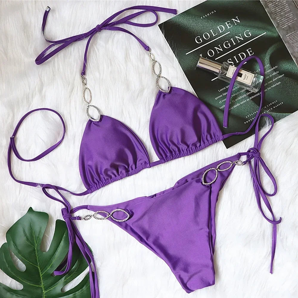 Sexy Rhinestone Bikini 2026 Women Solid Purple Metal Chain Swimsuit Brazilian Summer Beach Bathing Suit Luxury Thong Swimwear