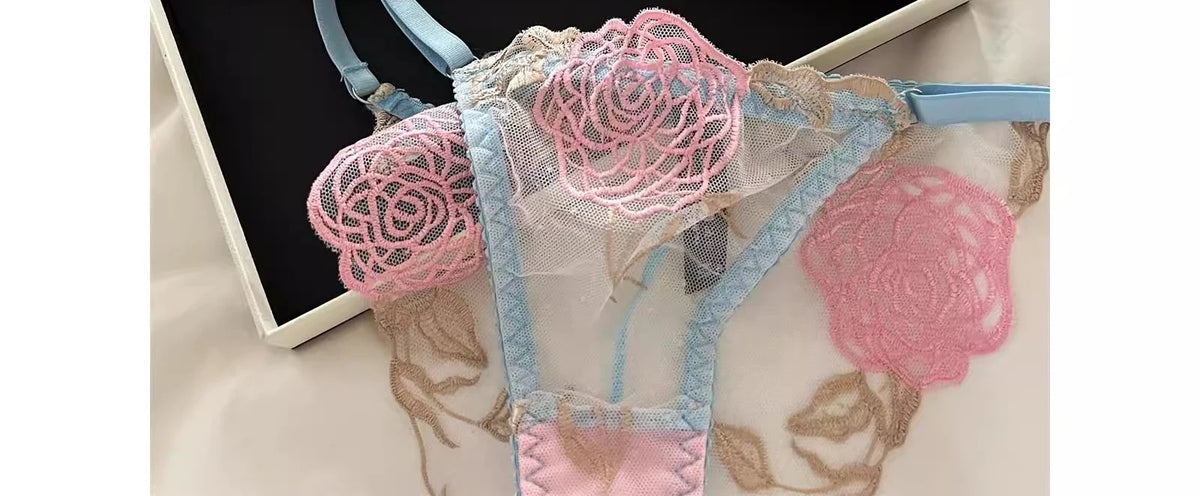 Pure Desire French Lace Bra Set Rose Embroidery Minimizer Wireless Comfort Support Full Bust Anti Sagging Breathable No Show USA