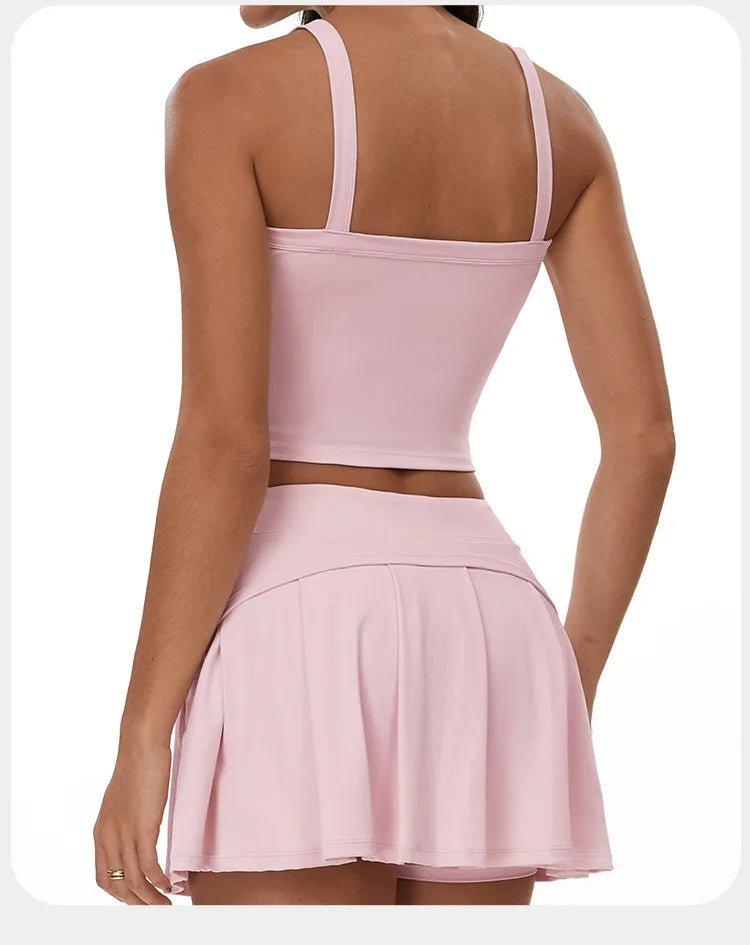 2 Piece Yoga Skirt Set Women Outdoor Neck Hanging Sports Vest High Waist Pleate A Line Skorts Fitness Suit Gym Workout Clothes