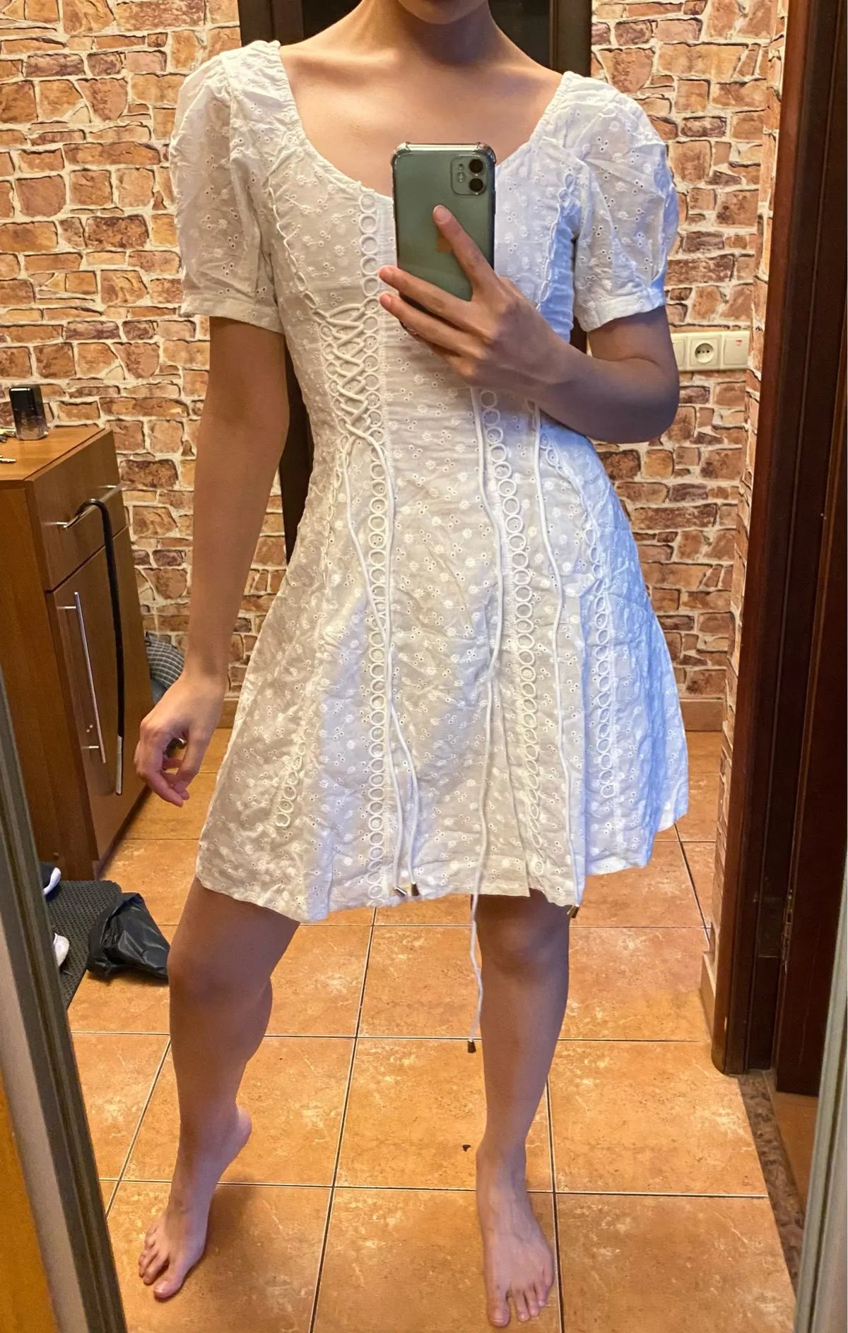 White lace embriodery summer beach dress women elegant hollow out lace up short dress off shoulder puff sleeve sheer dress 2025