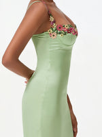 Satin Sling Bodycon Long Dress Women Flower Embroidery Sleeveless Spaghetti Strap Cocktail Dress Summer Party Club Skinny Dress