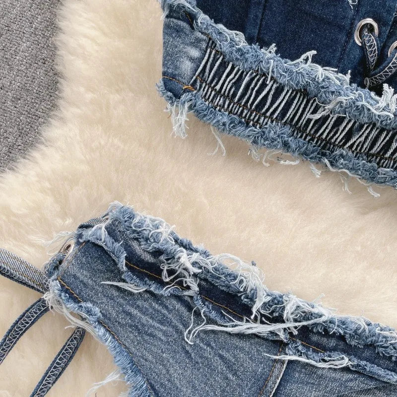 Bathing Suit Women Sexy Denim Suits Bikini Set Lace Up Drawstring Beachwear 2025 Solid Summer Vintage Two-pieces Swimwear