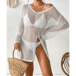 V Neck Long Sleeve Hollow Out Crochet Knitted Tunic Beach Dress Beach Wear Beachwear Beach Cover Up Cover-upsFemale Women V6335