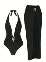 2026 Halter One Piece Swimsuit & Beach Skirt Sexy Backless Swimwear Women Bathing Swimming Swim Suit Female Summer Beachwear